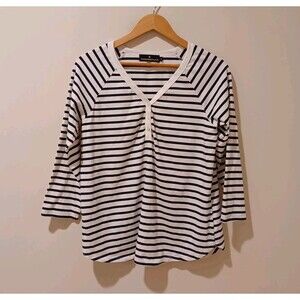 Pomander Place Top Navy Stripe 3/4 Sleeve V Neck Cotton Tuckernuck Henley Size M